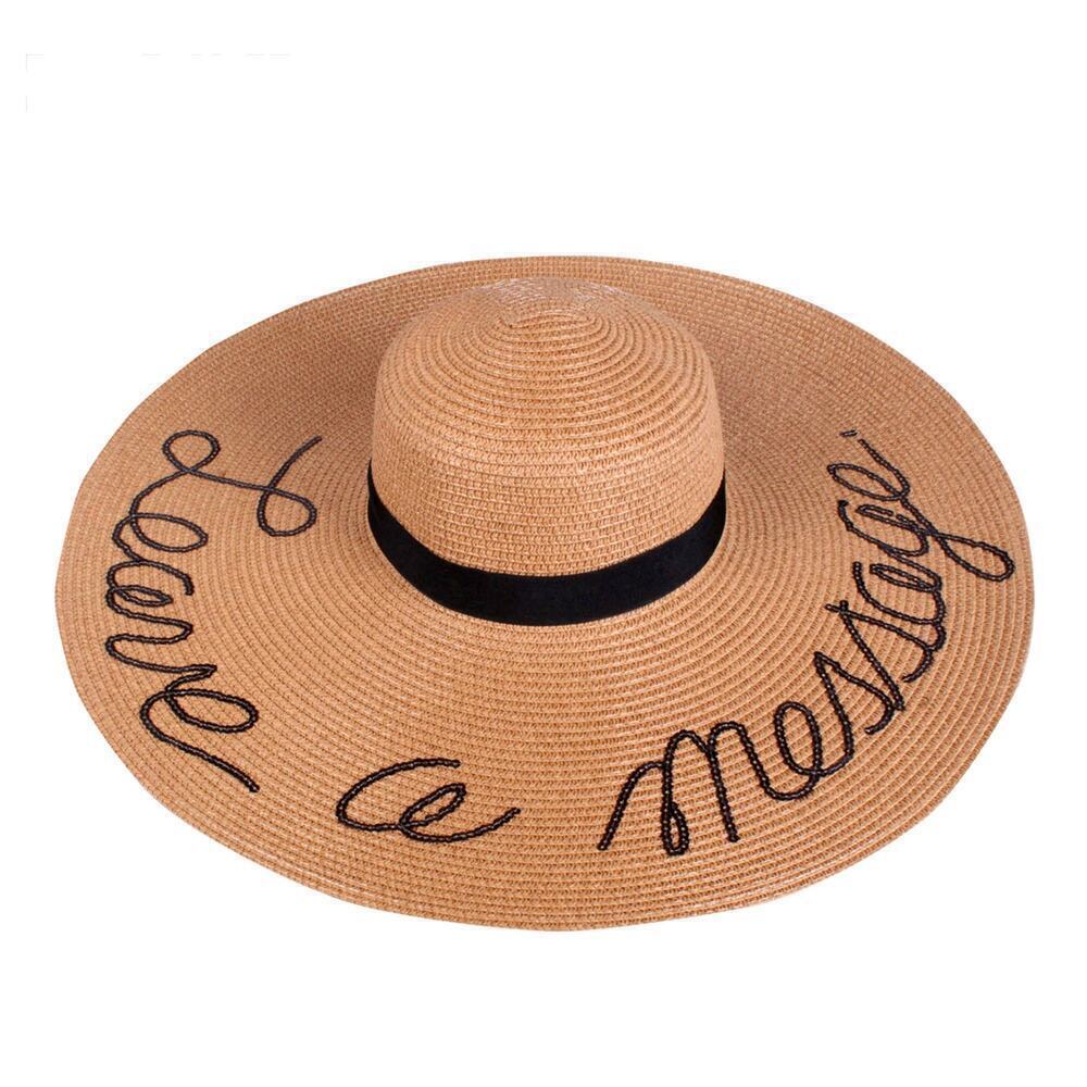 NWT A&O Women's  LEAVE A MESSAGE Sequin Lettering Wide Brim Straw Floppy Sun Hat - Picture 2 of 6